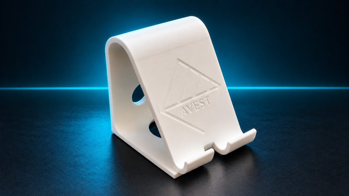 Handyhalter mit eingraviertem AVEST-Logo als 3D-gedrucktes Werbegeschenk